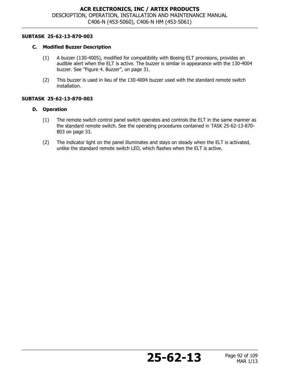 C. modified buzzer description, D. operation | ACR&Artex C406-N User Manual | Page 92 / 109