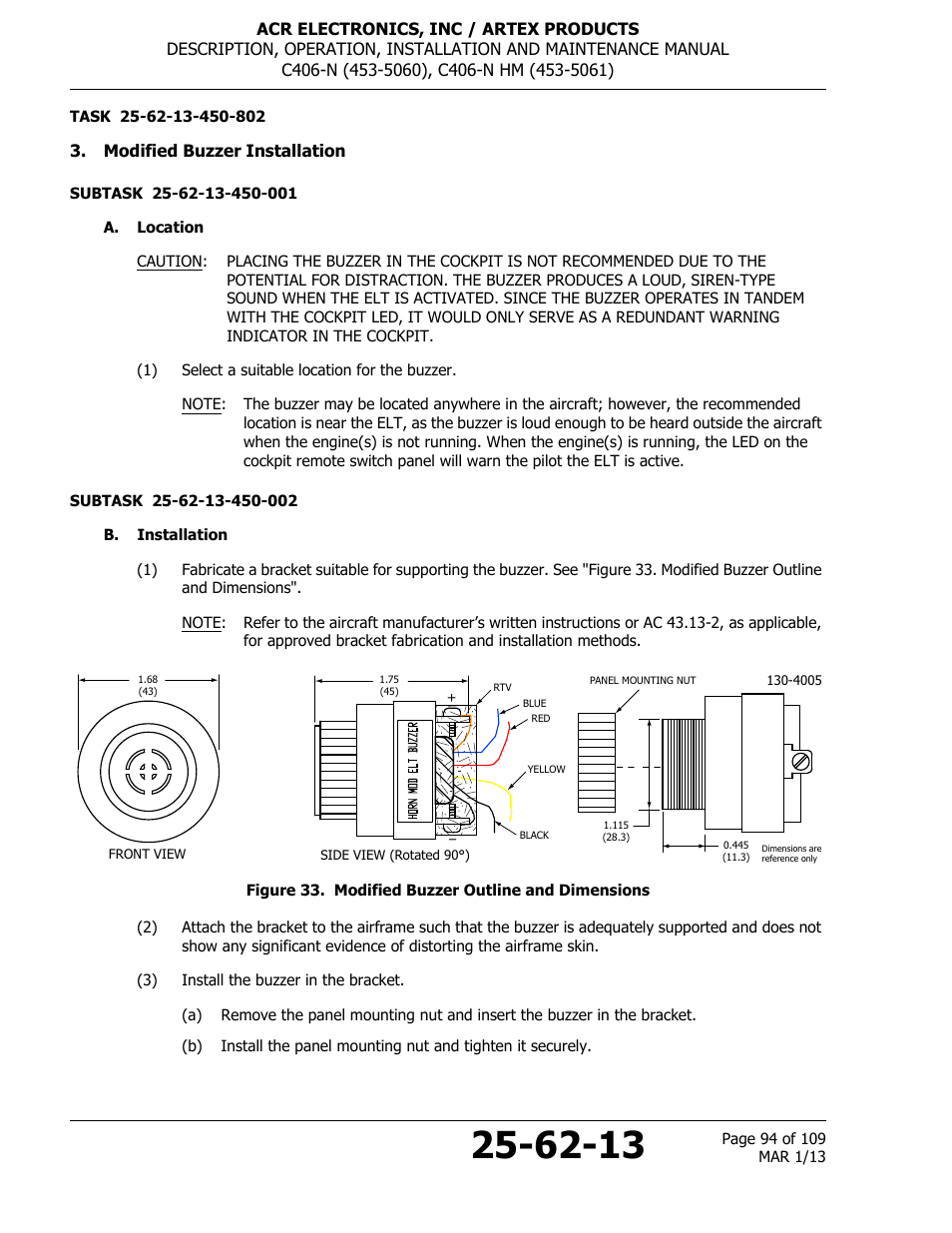 Modified buzzer installation, A. location, B. installation | Figure 33. modified buzzer outline and dimensions | ACR&Artex C406-N User Manual | Page 94 / 109