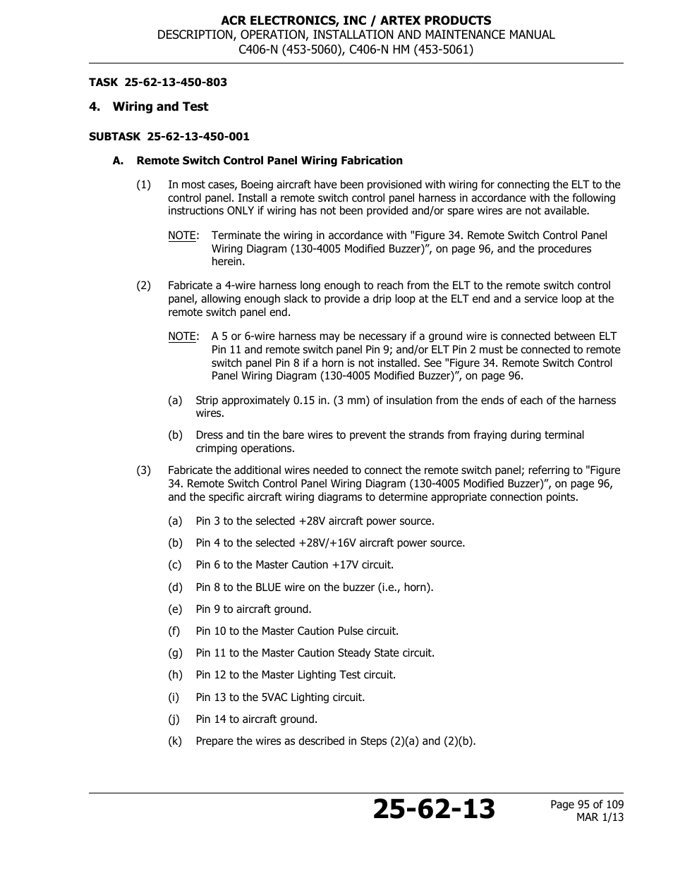 Wiring and test, A. remote switch control panel wiring fabrication | ACR&Artex C406-N User Manual | Page 95 / 109