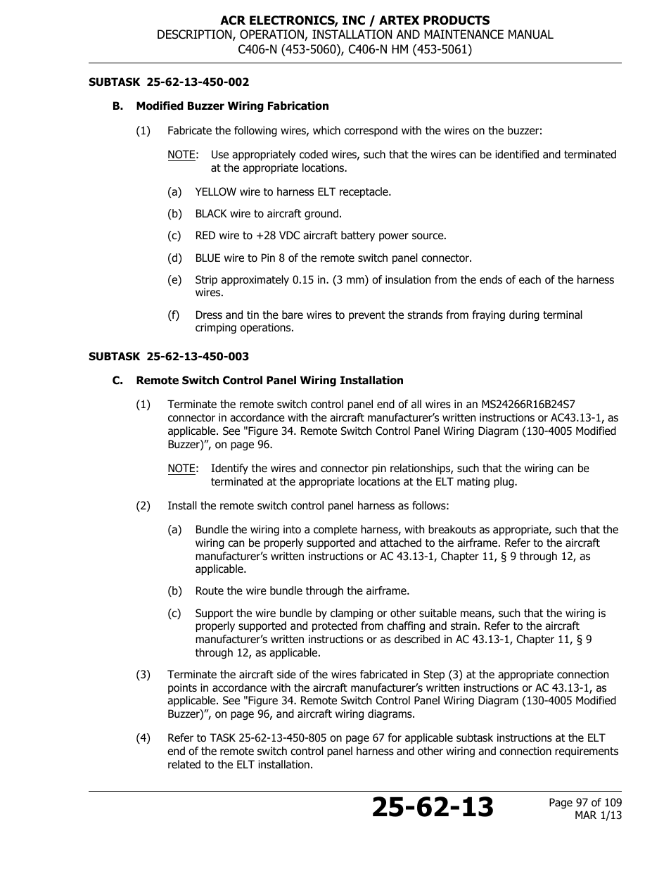 B. modified buzzer wiring fabrication, C. remote switch control panel wiring installation | ACR&Artex C406-N User Manual | Page 97 / 109