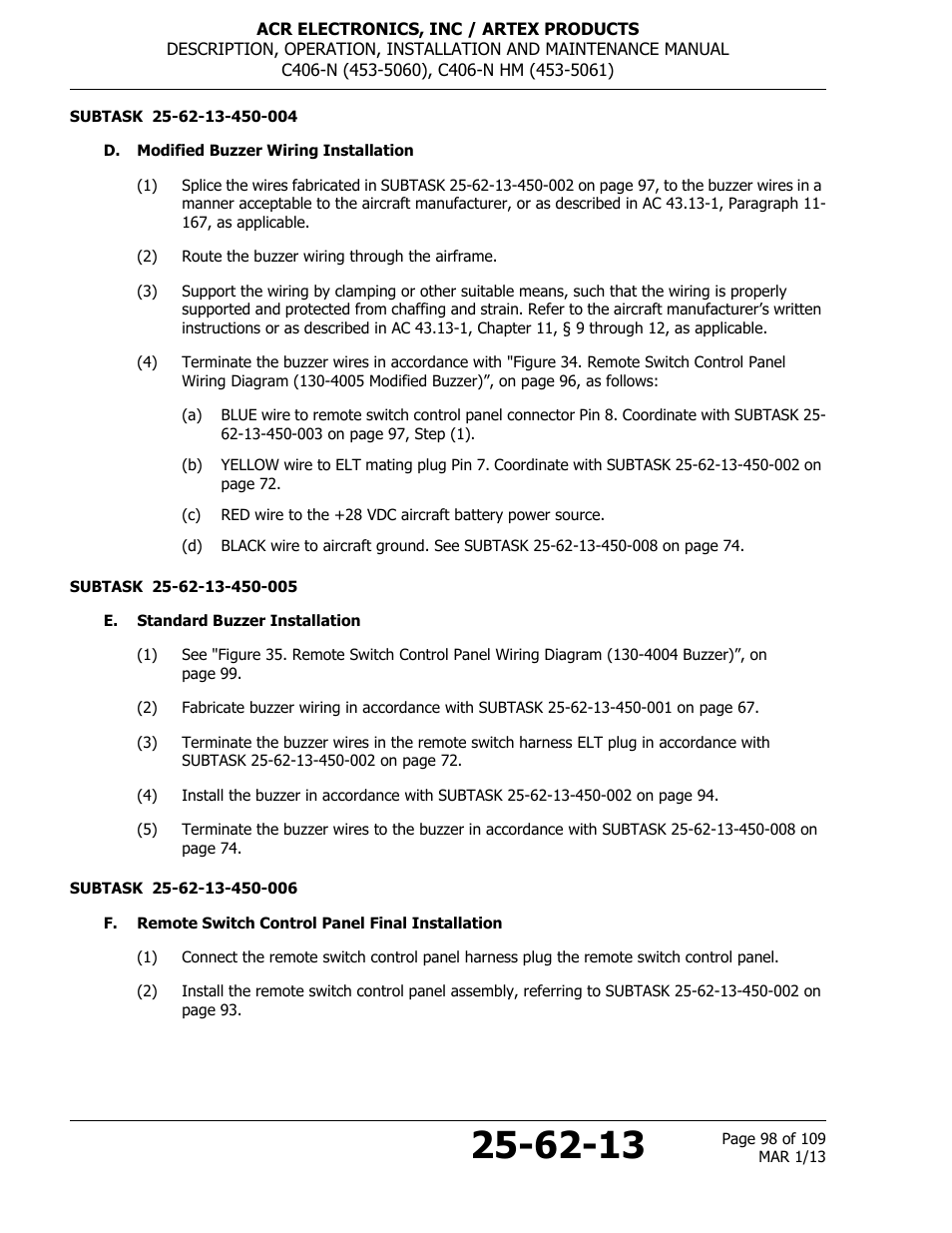 D. modified buzzer wiring installation, E. standard buzzer installation, F. remote switch control panel final installation | ACR&Artex C406-N User Manual | Page 98 / 109