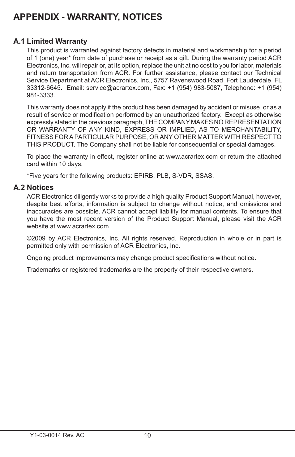 Appendix - warranty, notices | ACR&Artex Megaphone User Manual | Page 10 / 10