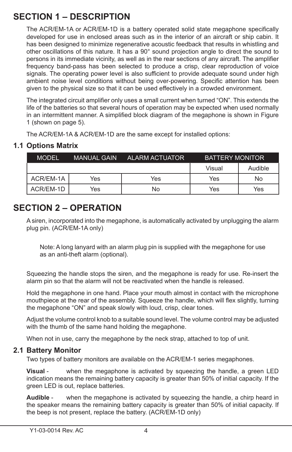 1 options matrix, 1 battery monitor | ACR&Artex Megaphone User Manual | Page 4 / 10
