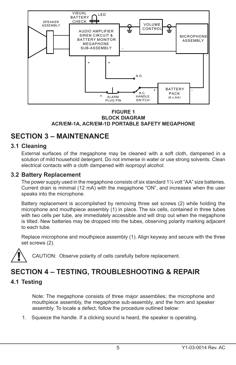 1 cleaning, 2 battery replacement, 1 testing | ACR&Artex Megaphone User Manual | Page 5 / 10