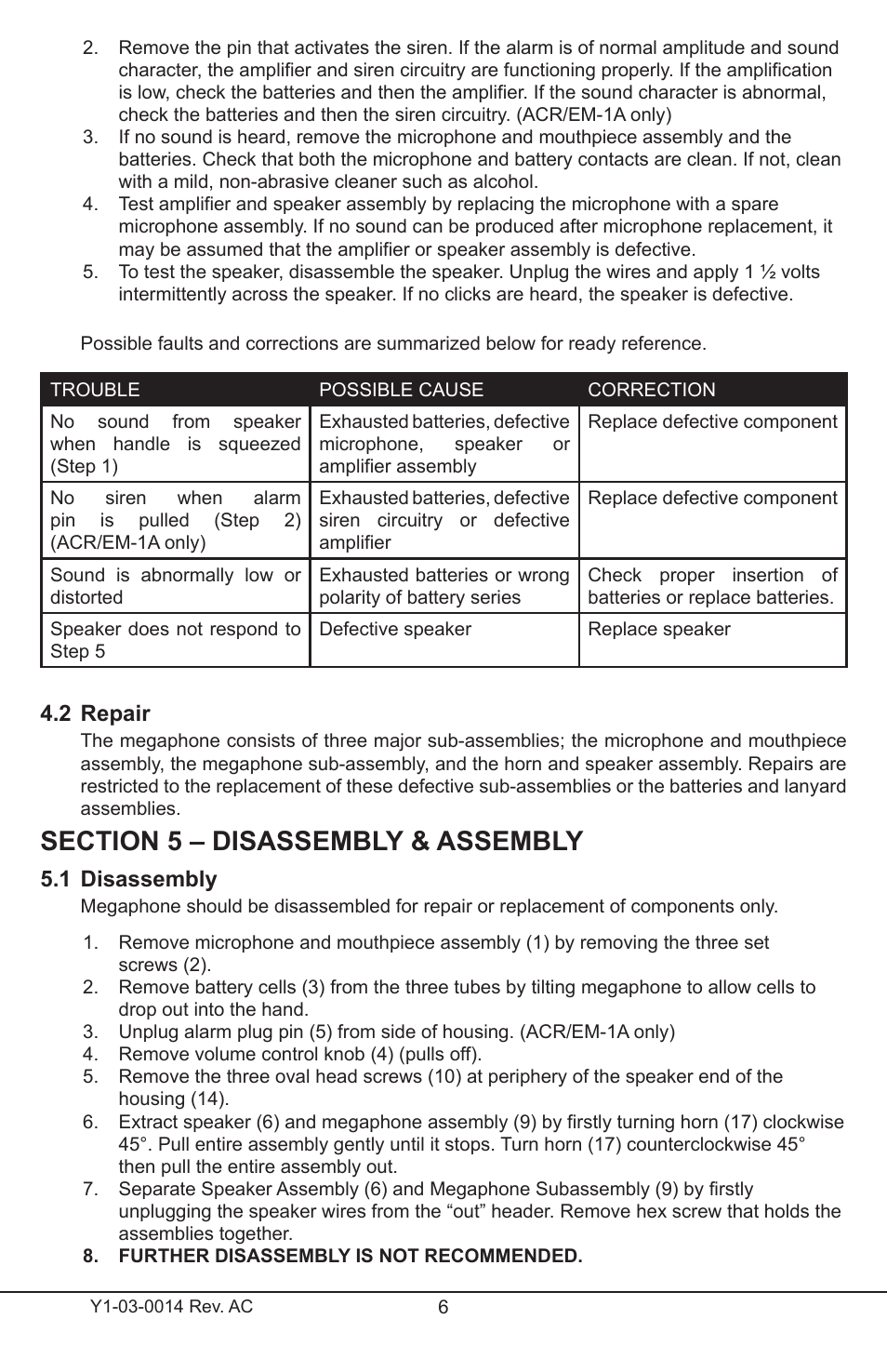 2 repair, 1 disassembly | ACR&Artex Megaphone User Manual | Page 6 / 10