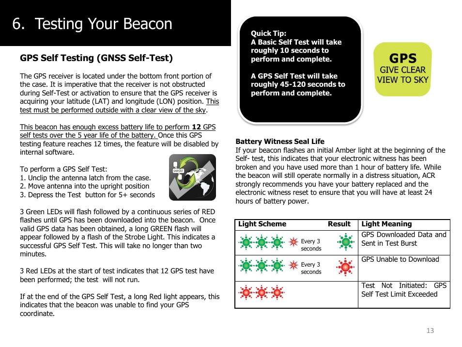 Testing your beacon, Gps self testing (gnss self-test) | ACR&Artex ResQLink PLB User Manual | Page 13 / 19