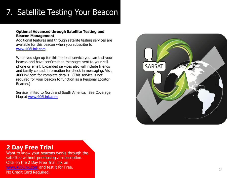 Satellite testing your beacon, 2 day free trial | ACR&Artex ResQLink PLB User Manual | Page 14 / 19