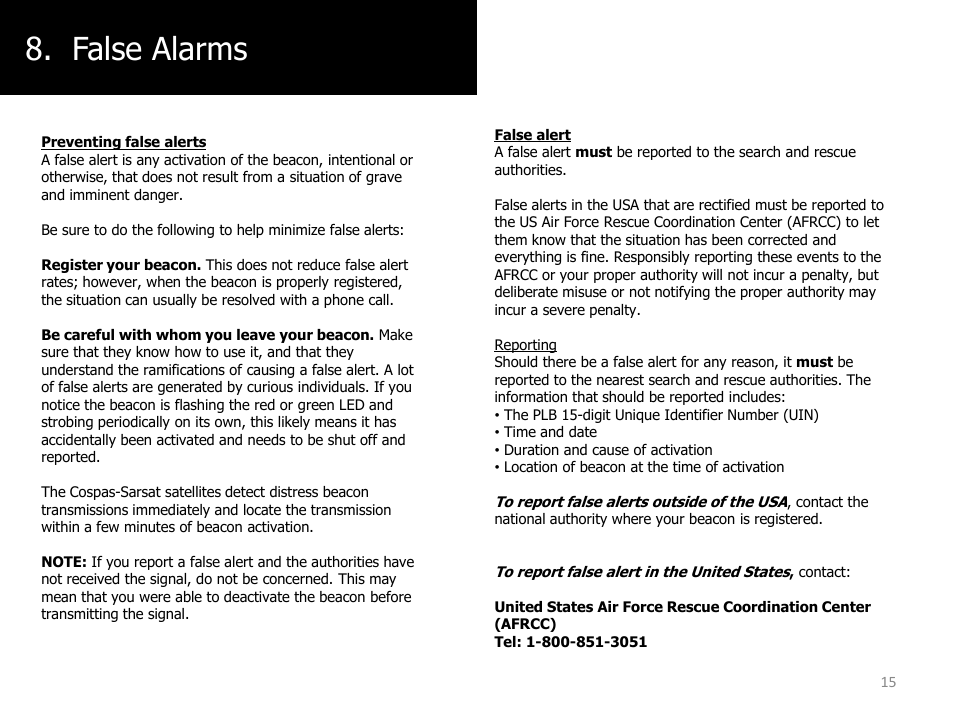 Satellite testing, Preventing false alarms, False alarms | ACR&Artex ResQLink PLB User Manual | Page 15 / 19