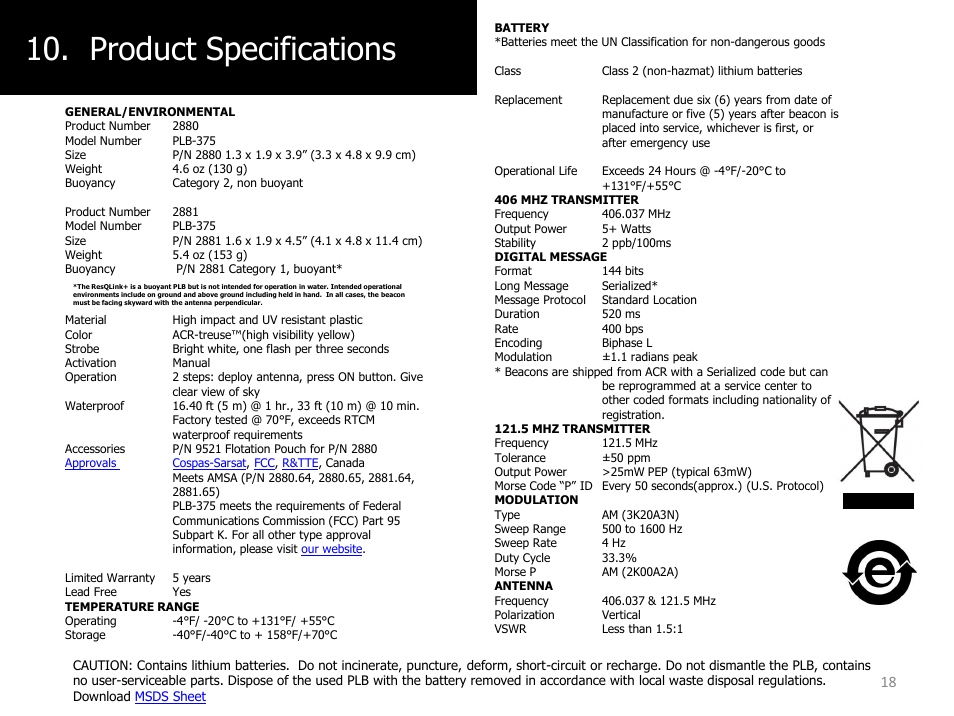 Product specifications, Product warranty 19 | ACR&Artex ResQLink PLB User Manual | Page 18 / 19