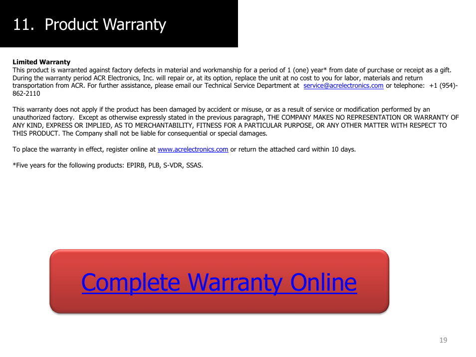 Complete warranty online, Product warranty | ACR&Artex ResQLink PLB User Manual | Page 19 / 19