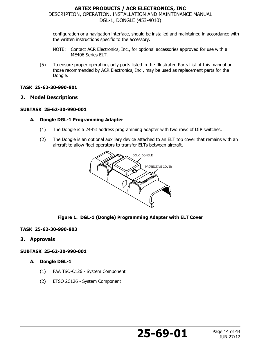 Model descriptions, A. dongle dgl-1 programming adapter, Approvals | A. dongle dgl-1 | ACR&Artex DGL-1 User Manual | Page 14 / 44