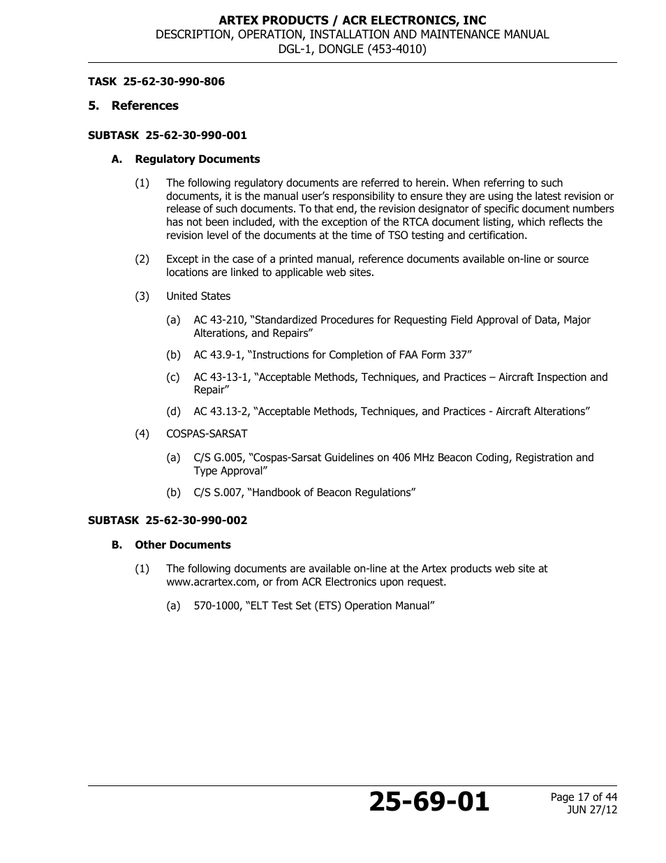 References, A. regulatory documents, B. other documents | ACR&Artex DGL-1 User Manual | Page 17 / 44