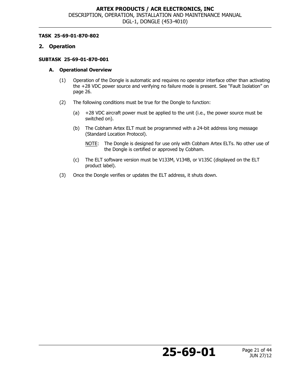 Operation, A. operational overview | ACR&Artex DGL-1 User Manual | Page 21 / 44