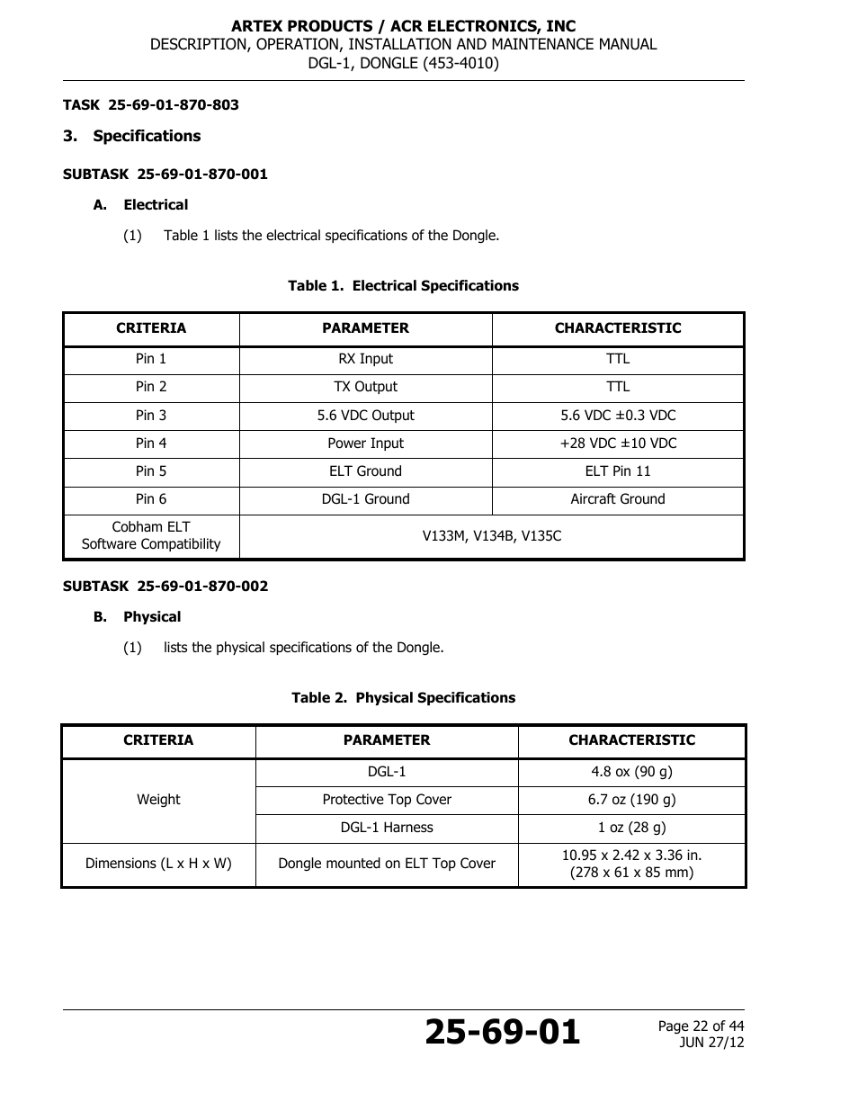 Specifications, A. electrical, Table 1. electrical specifications | B. physical, Table 2. physical specifications | ACR&Artex DGL-1 User Manual | Page 22 / 44