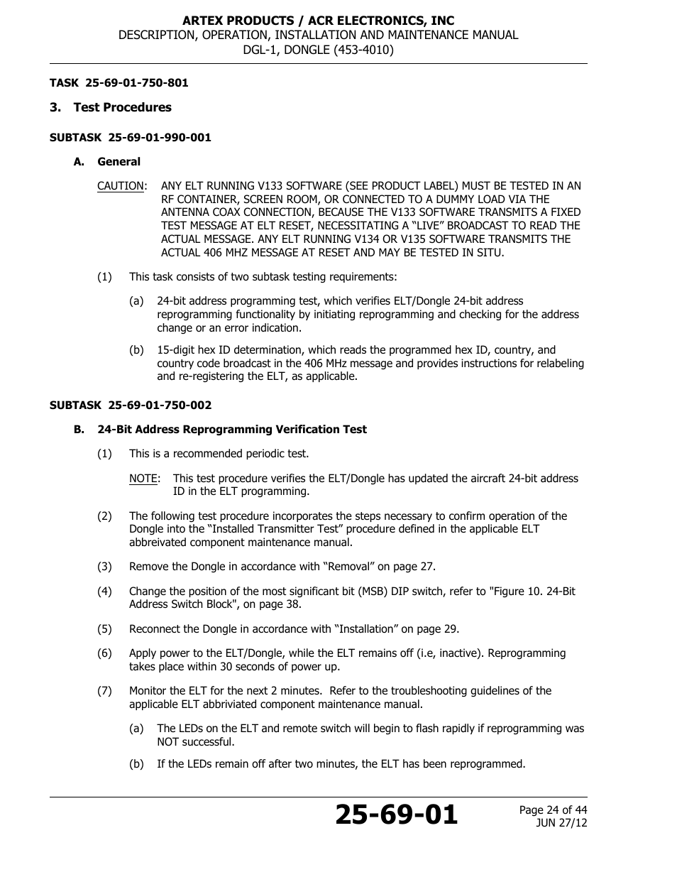 Test procedures, A. general, B. 24-bit address reprogramming verification test | ACR&Artex DGL-1 User Manual | Page 24 / 44