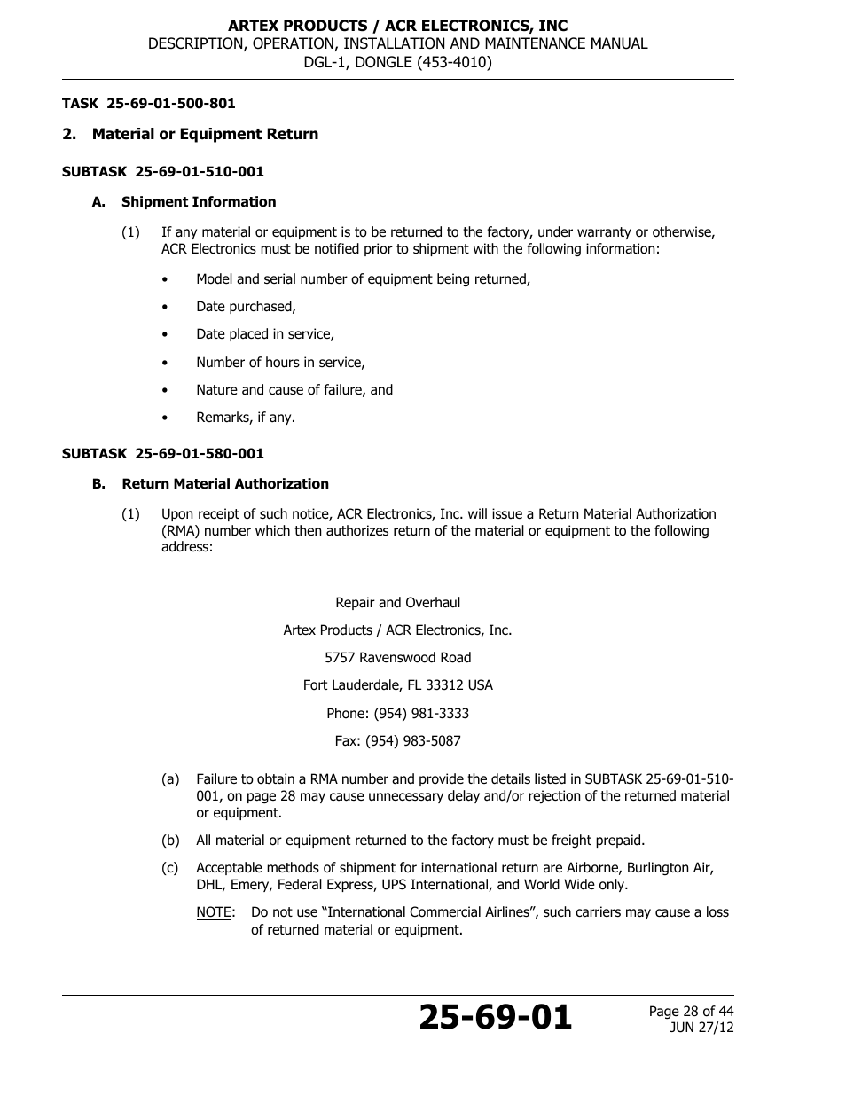 Material or equipment return, A. shipment information, B. return material authorization | ACR&Artex DGL-1 User Manual | Page 28 / 44