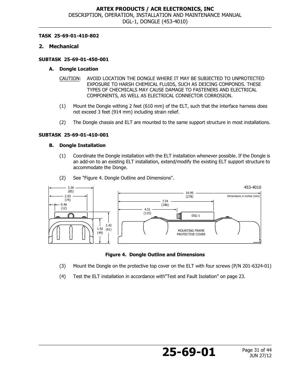 Mechanical, A. dongle location, B. dongle installation | Figure 4. dongle outline and dimensions | ACR&Artex DGL-1 User Manual | Page 31 / 44