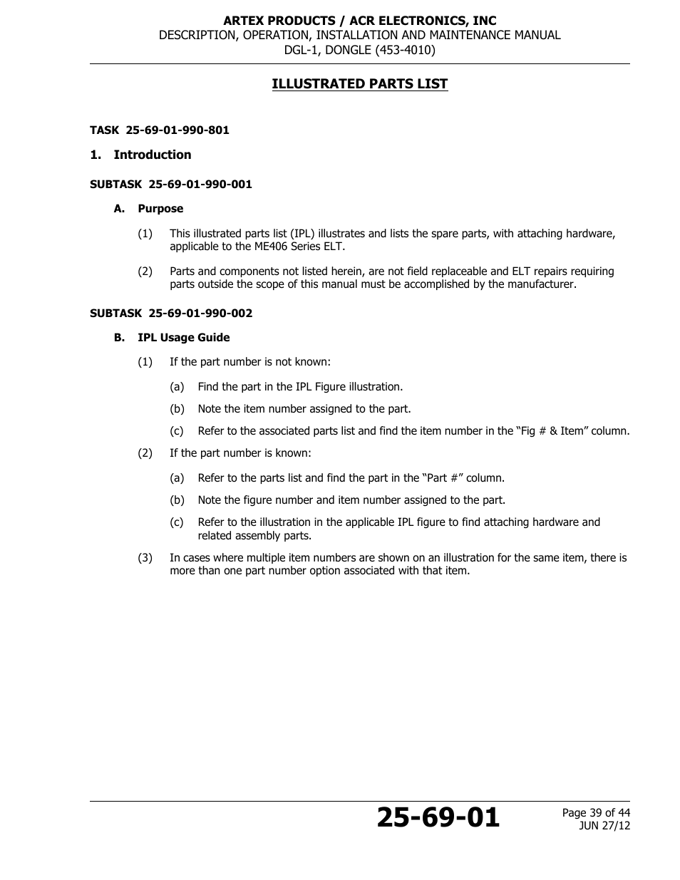 Illustrated parts list, Introduction, A. purpose | B. ipl usage guide | ACR&Artex DGL-1 User Manual | Page 39 / 44