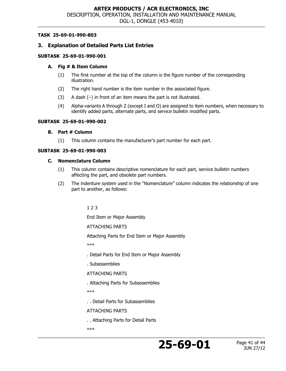 Explanation of detailed parts list entries, A. fig # & item column, B. part # column | C. nomenclature column | ACR&Artex DGL-1 User Manual | Page 41 / 44