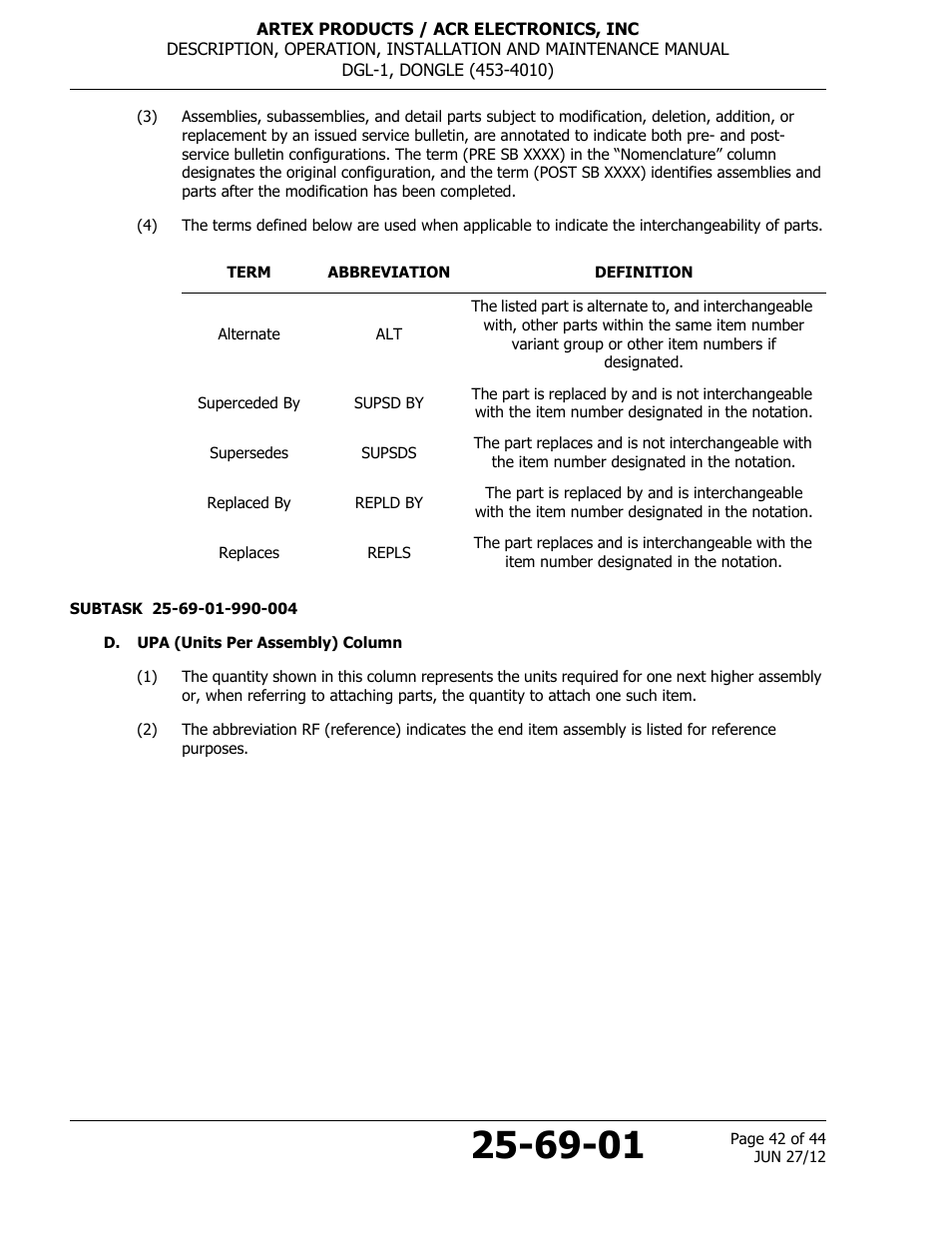 D. upa (units per assembly) column | ACR&Artex DGL-1 User Manual | Page 42 / 44