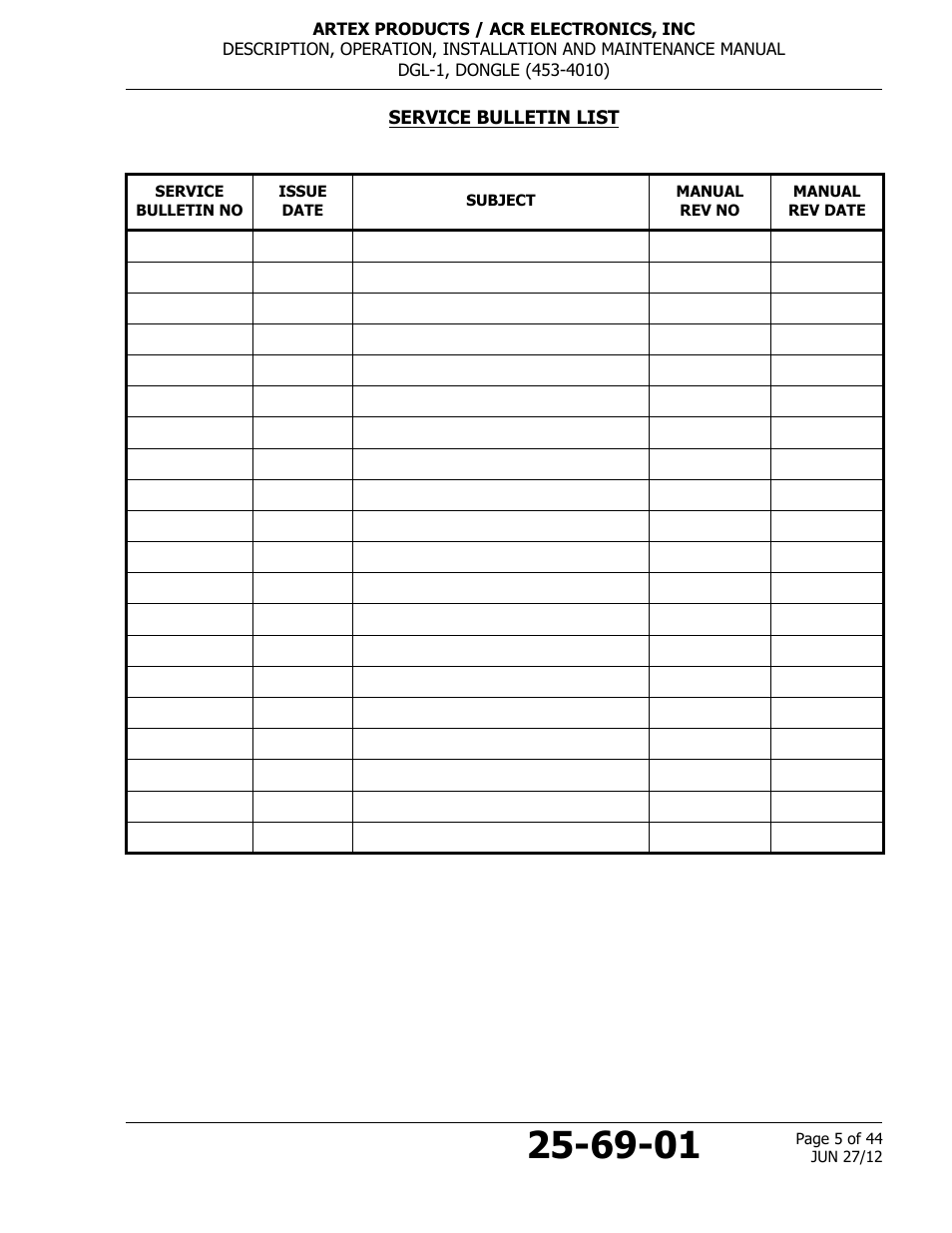 Service bulletin list | ACR&Artex DGL-1 User Manual | Page 5 / 44