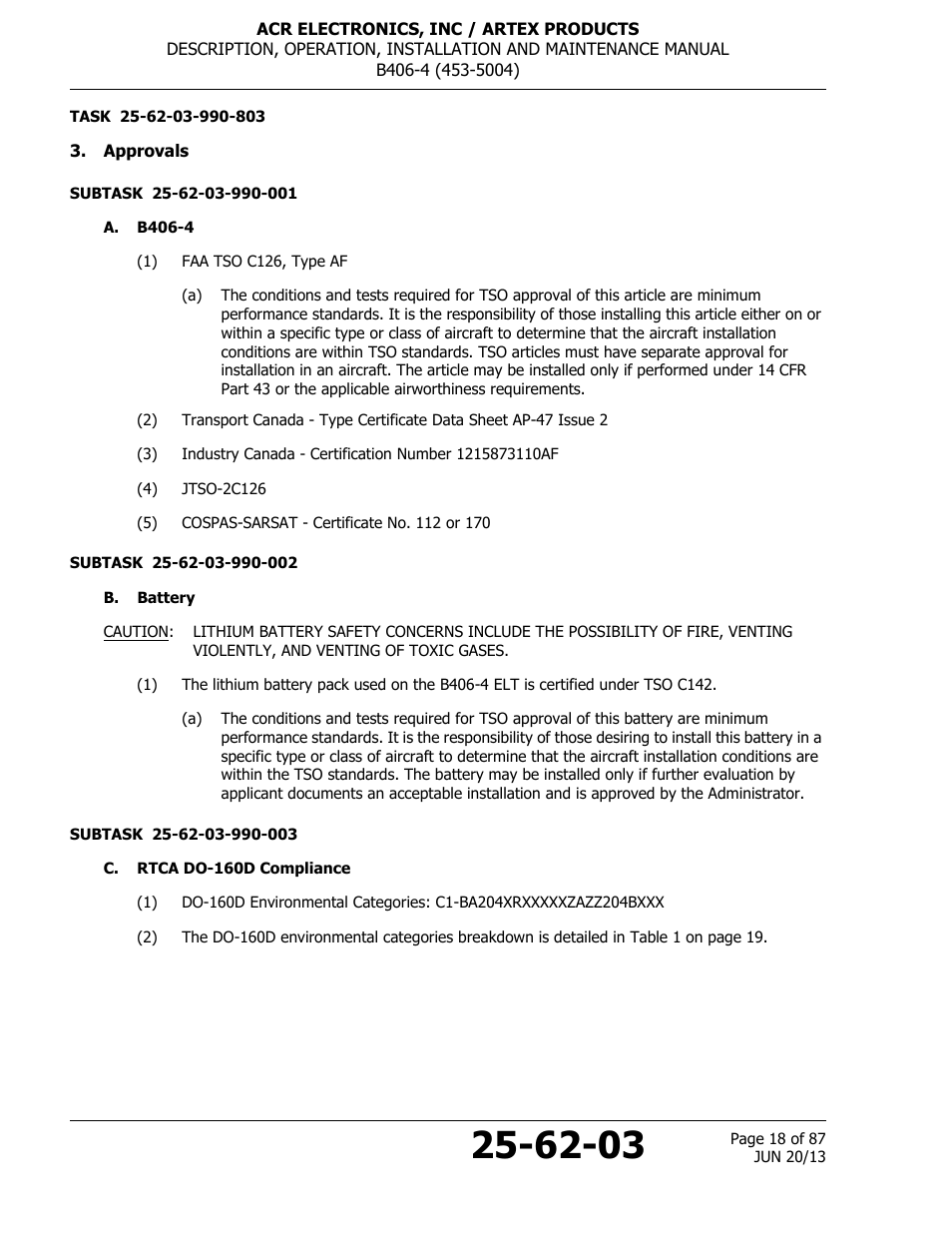 Approvals, A. b406-4, B. battery | C. rtca do-160d compliance | ACR&Artex B406-4 User Manual | Page 18 / 87