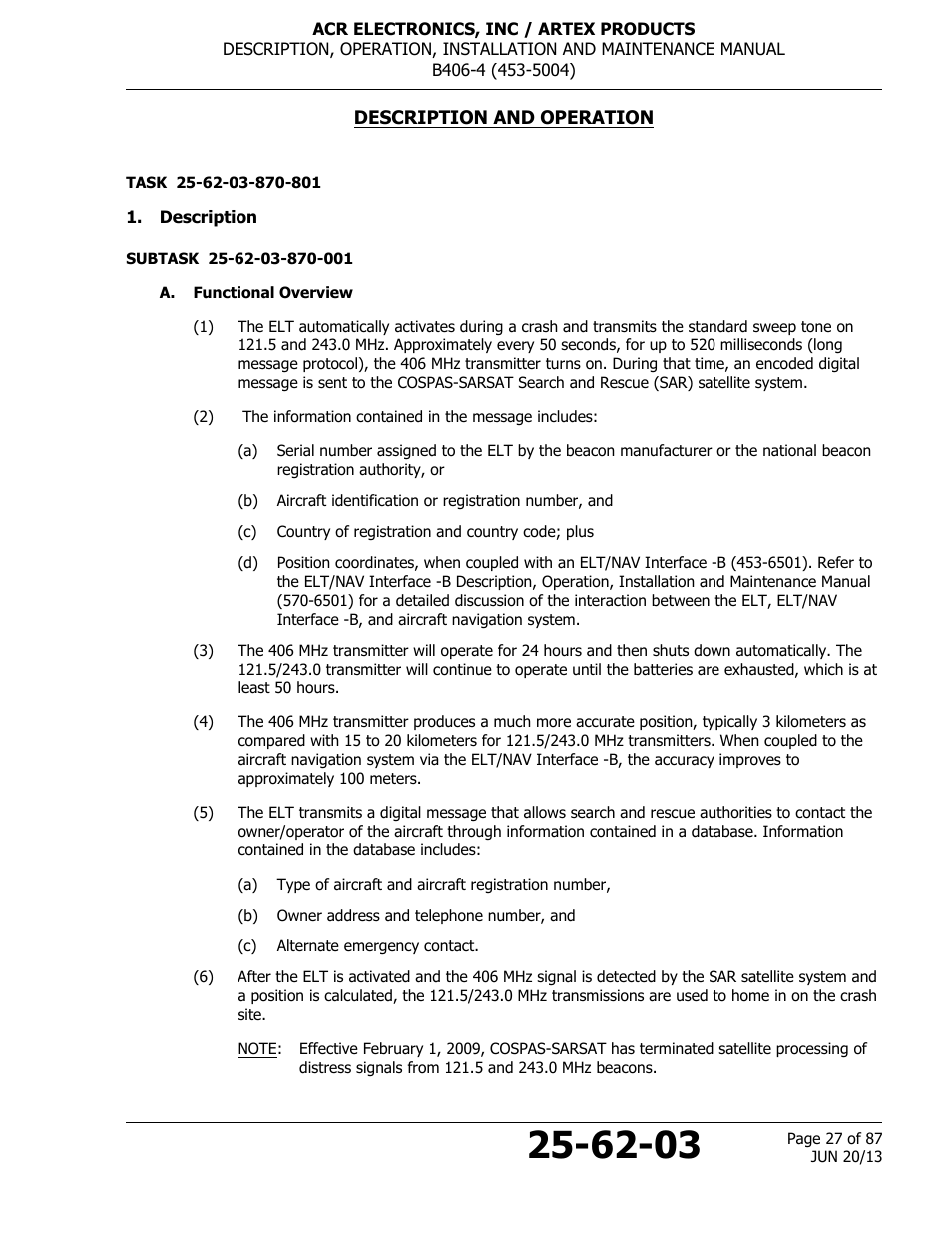 Description and operation, Description, A. functional overview | ACR&Artex B406-4 User Manual | Page 27 / 87