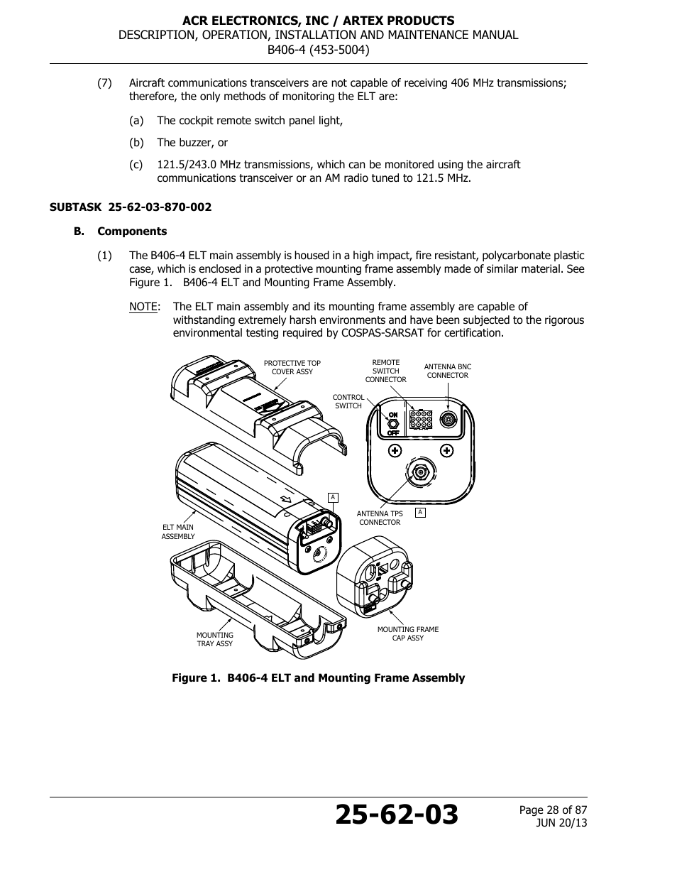 B. components, Figure 1. b406-4 elt and mounting frame assembly | ACR&Artex B406-4 User Manual | Page 28 / 87