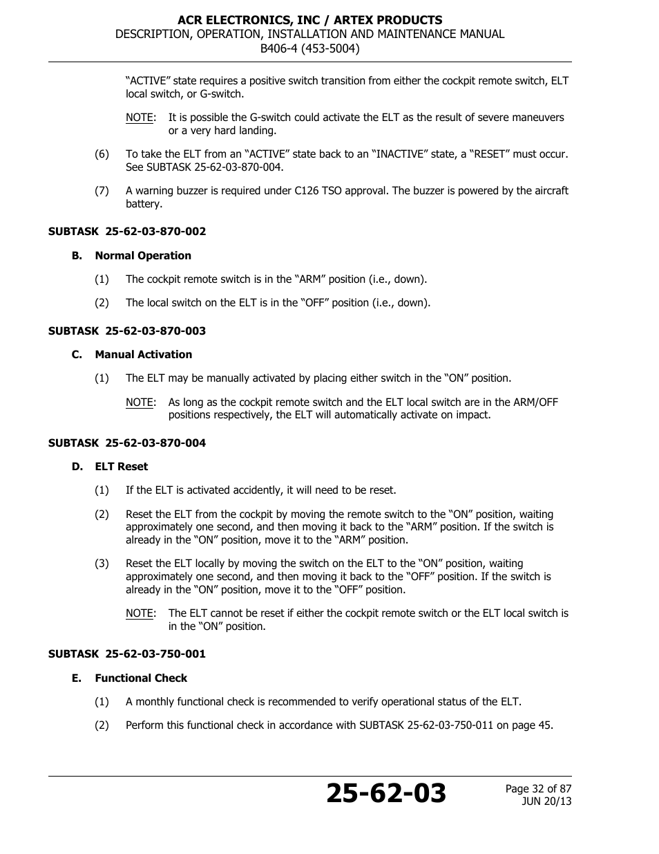 B. normal operation, C. manual activation, D. elt reset | E. functional check | ACR&Artex B406-4 User Manual | Page 32 / 87