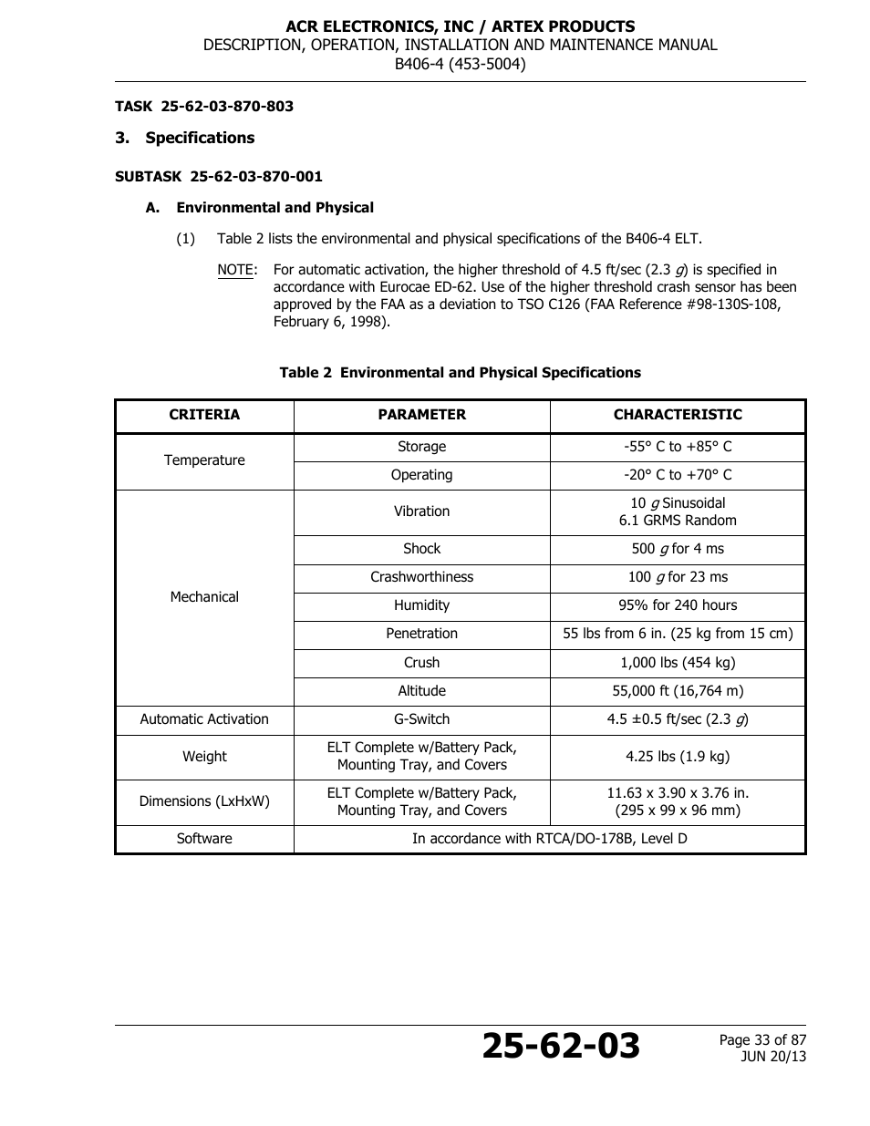 Specifications, A. environmental and physical, Table 2 environmental and physical specifications | ACR&Artex B406-4 User Manual | Page 33 / 87