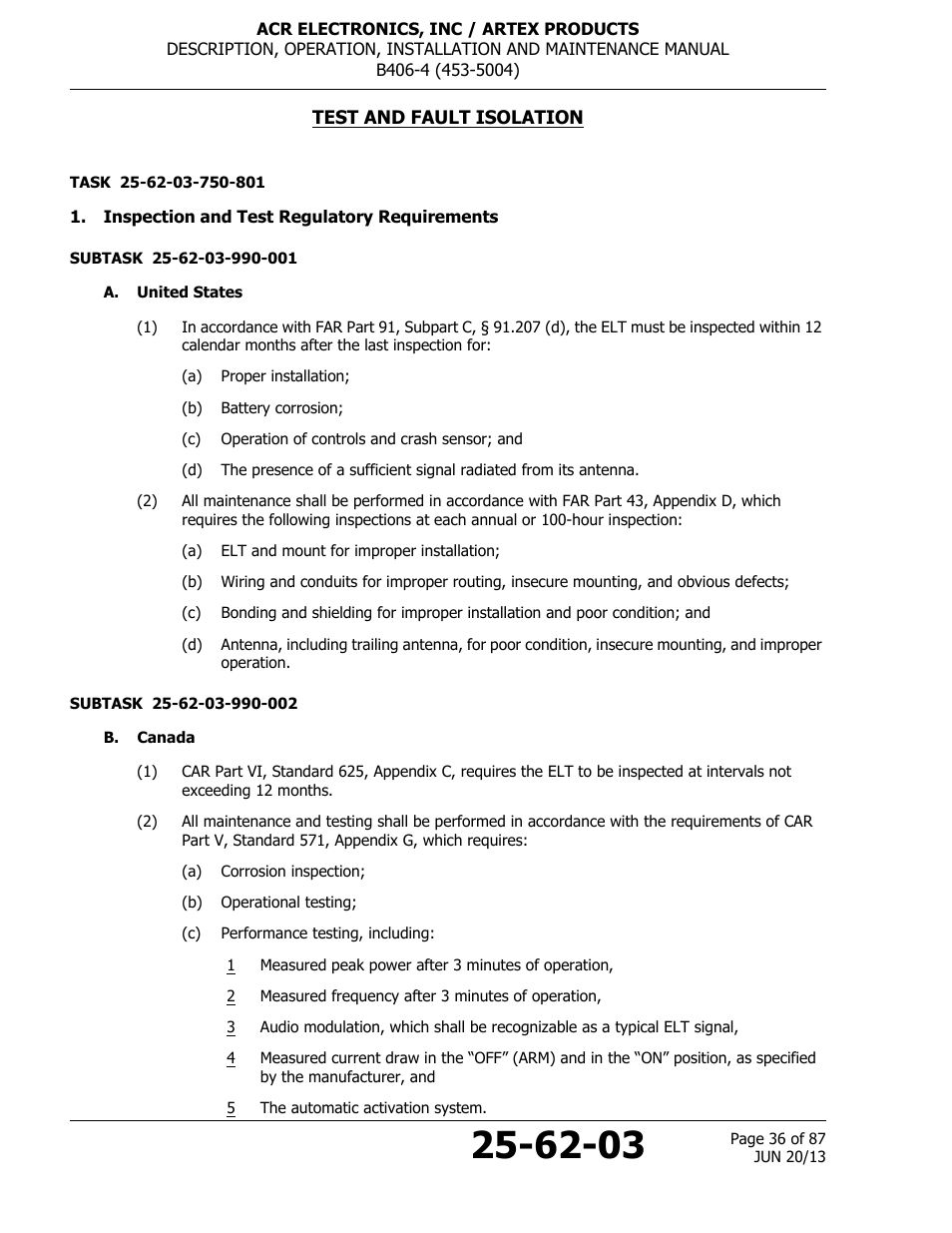 Test and fault isolation, Inspection and test regulatory requirements, A. united states | B. canada | ACR&Artex B406-4 User Manual | Page 36 / 87