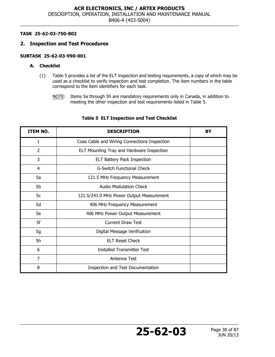 Inspection and test procedures, A. checklist, Table 5 elt inspection and test checklist | ACR&Artex B406-4 User Manual | Page 38 / 87