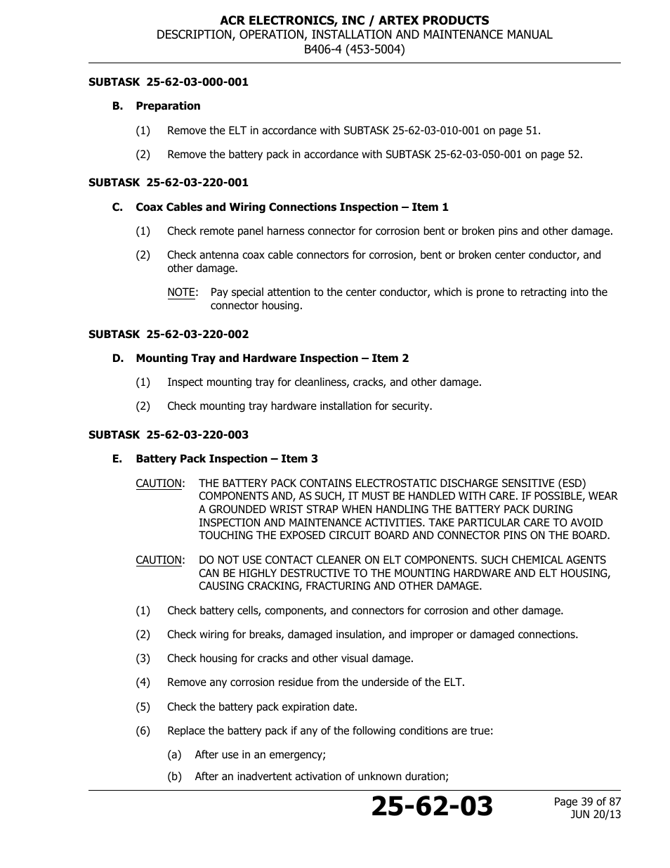 B. preparation, D. mounting tray and hardware inspection – item 2, E. battery pack inspection – item 3 | ACR&Artex B406-4 User Manual | Page 39 / 87