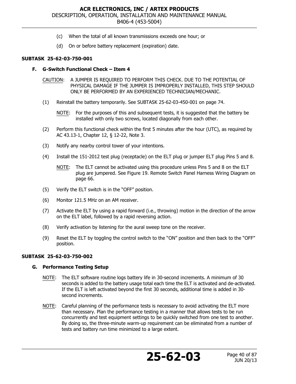 F. g-switch functional check – item 4, G. performance testing setup | ACR&Artex B406-4 User Manual | Page 40 / 87