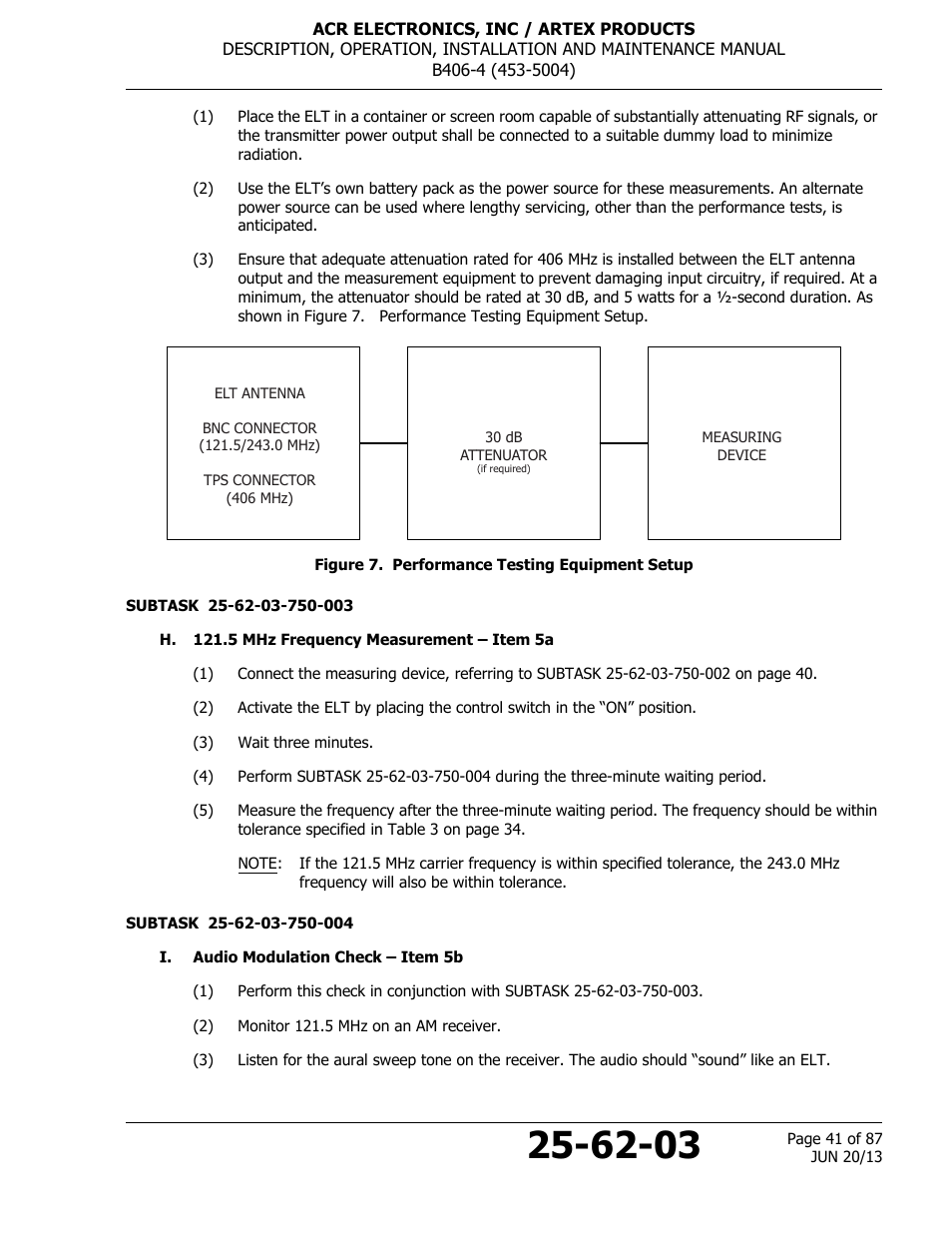 Figure 7. performance testing equipment setup, H. 121.5 mhz frequency measurement – item 5a, I. audio modulation check – item 5b | ACR&Artex B406-4 User Manual | Page 41 / 87