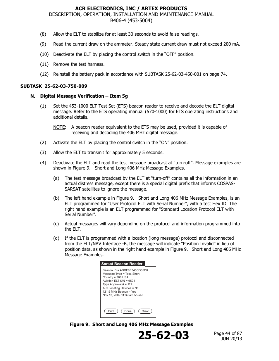 N. digital message verification – item 5g, Figure 9. short and long 406 mhz message examples | ACR&Artex B406-4 User Manual | Page 44 / 87