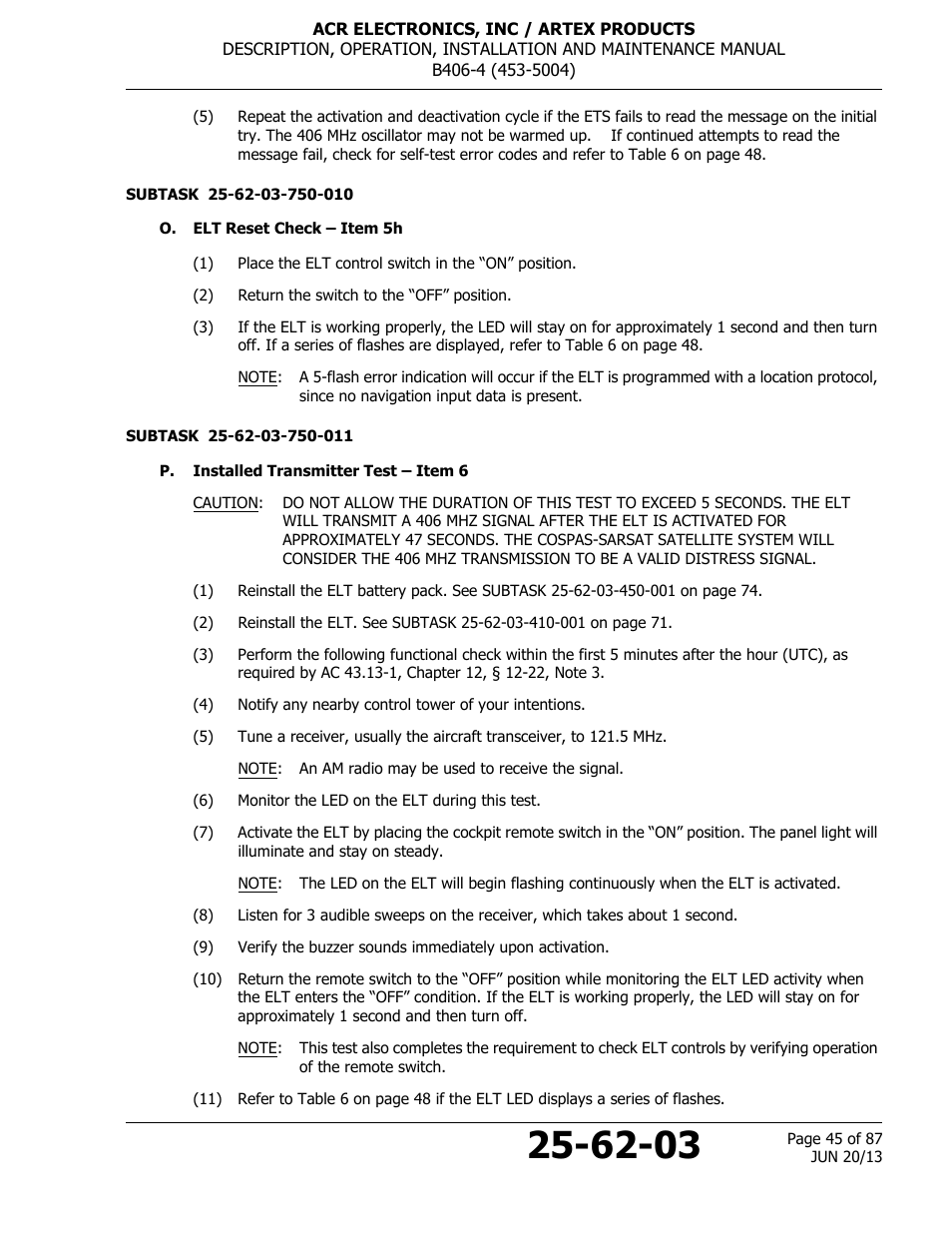 O. elt reset check – item 5h, P. installed transmitter test – item 6 | ACR&Artex B406-4 User Manual | Page 45 / 87