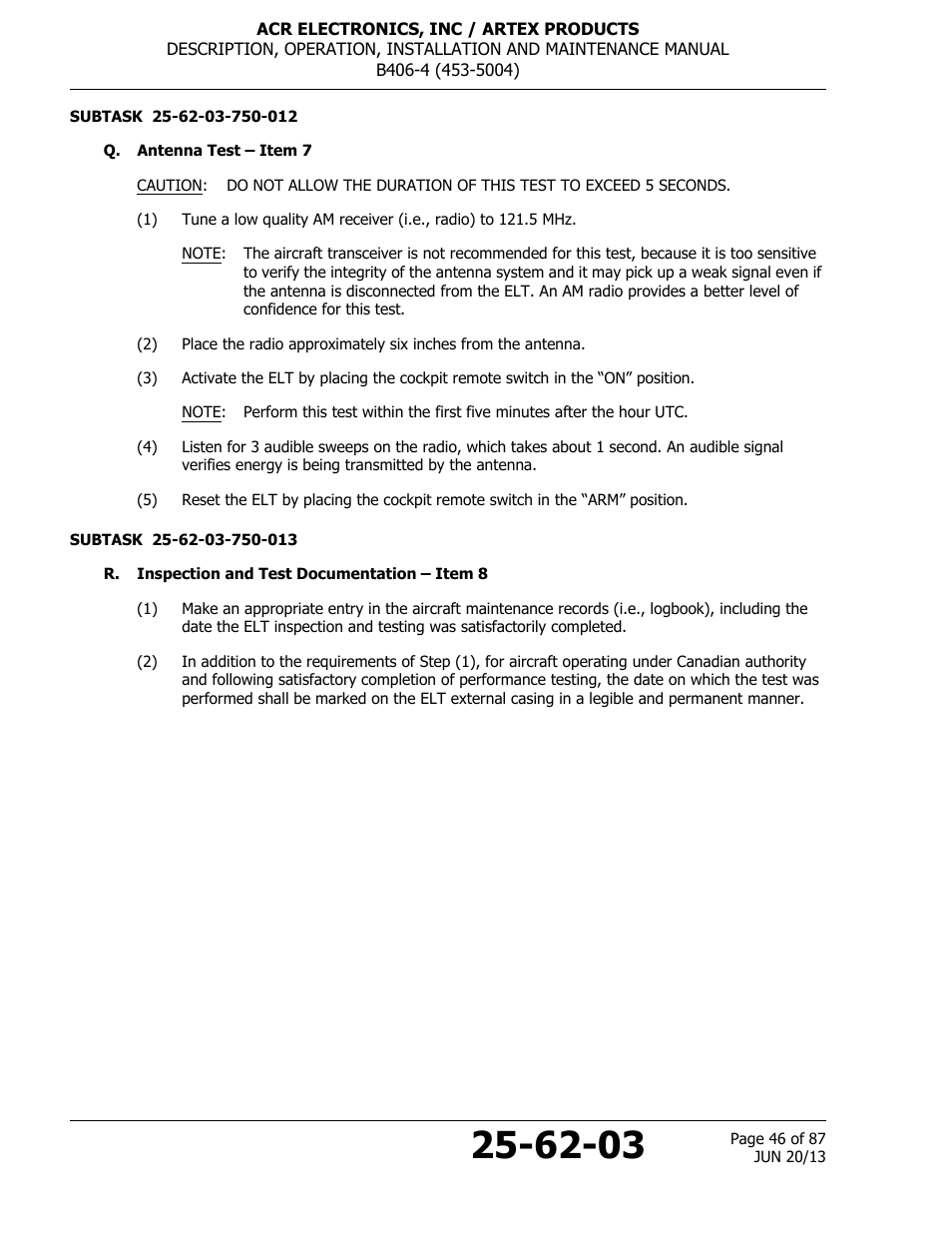 Q. antenna test – item 7, R. inspection and test documentation – item 8 | ACR&Artex B406-4 User Manual | Page 46 / 87