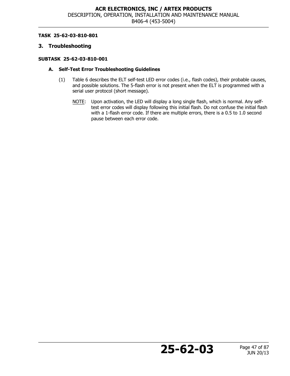 Troubleshooting, A. self-test error troubleshooting guidelines | ACR&Artex B406-4 User Manual | Page 47 / 87