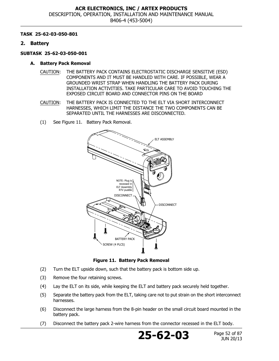 Battery, A. battery pack removal, Figure 11. battery pack removal | ACR&Artex B406-4 User Manual | Page 52 / 87