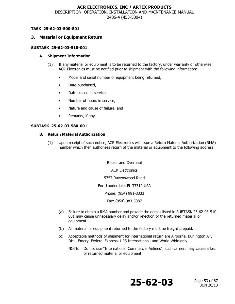 Material or equipment return, A. shipment information, B. return material authorization | ACR&Artex B406-4 User Manual | Page 53 / 87