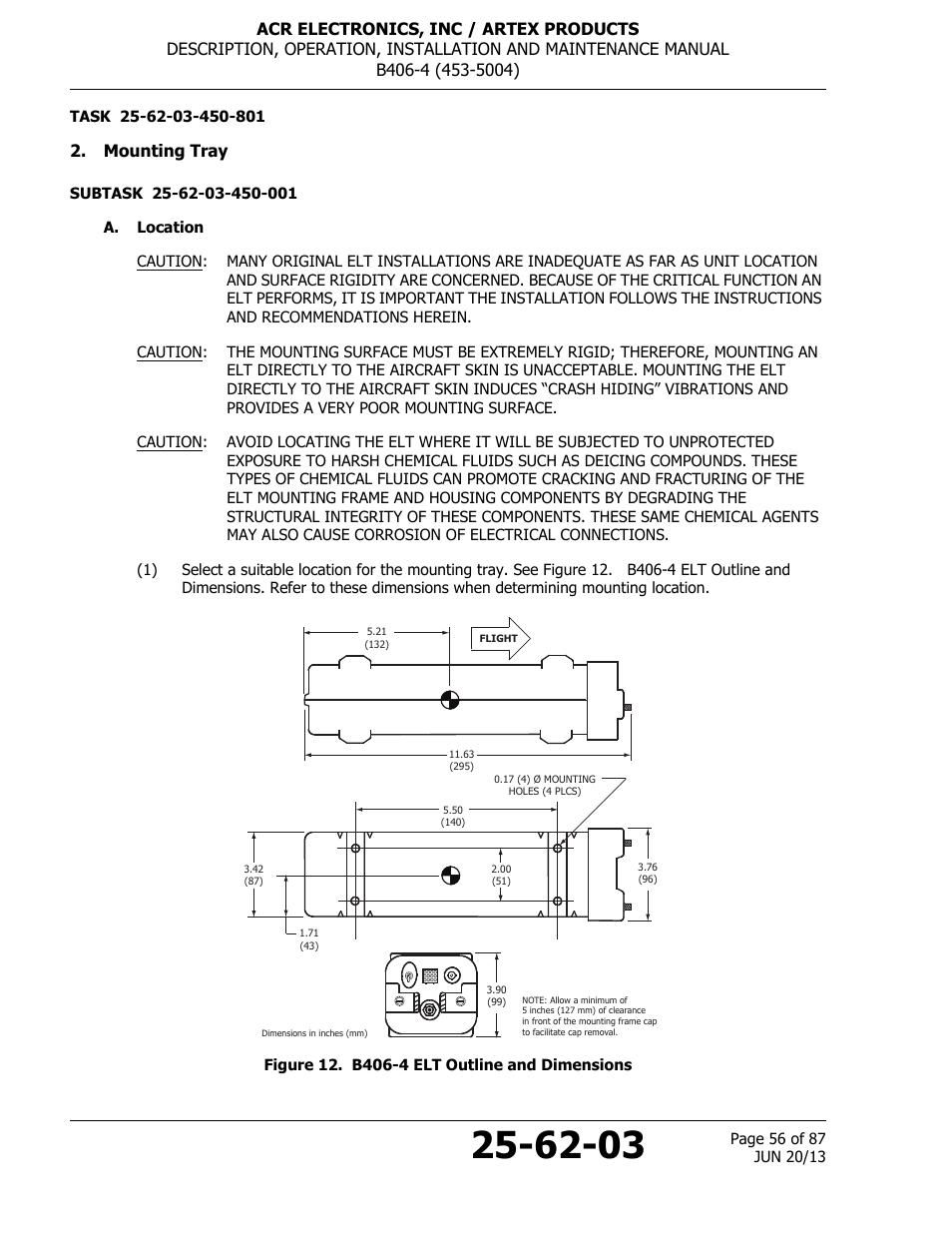 Mounting tray, A. location, Figure 12. b406-4 elt outline and dimensions | ACR&Artex B406-4 User Manual | Page 56 / 87