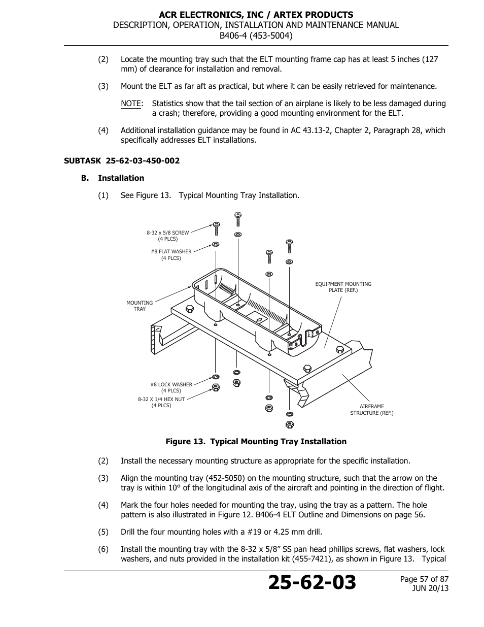 B. installation, Figure 13. typical mounting tray installation | ACR&Artex B406-4 User Manual | Page 57 / 87