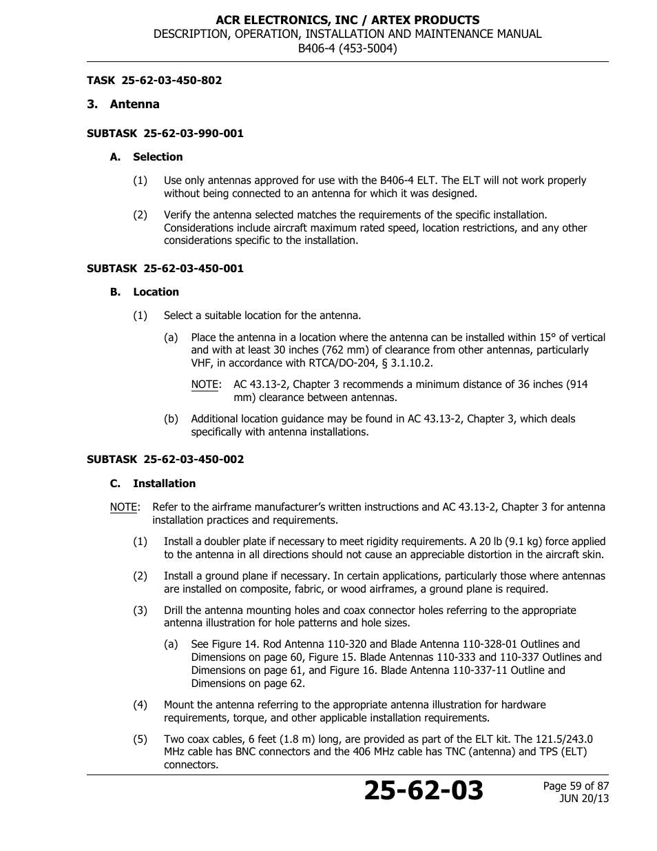 Antenna, A. selection, B. location | C. installation, 59 b. location | ACR&Artex B406-4 User Manual | Page 59 / 87