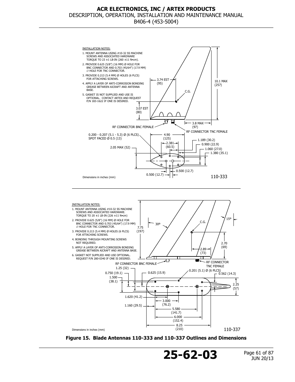 Blade antennas 110-333 and 110-337 outlines and | ACR&Artex B406-4 User Manual | Page 61 / 87