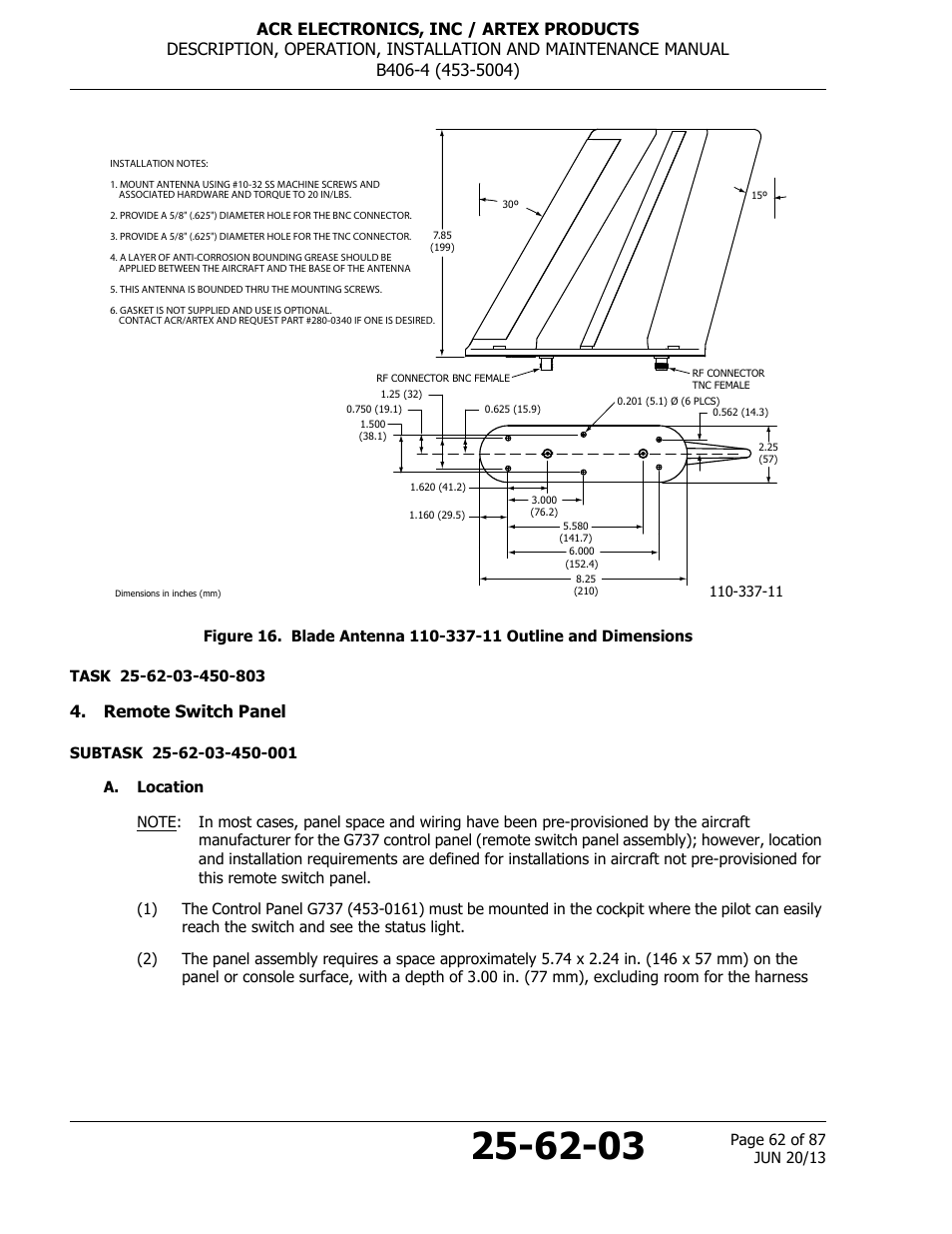 Remote switch panel, A. location, Blade antenna 110-337-11 outline and | ACR&Artex B406-4 User Manual | Page 62 / 87