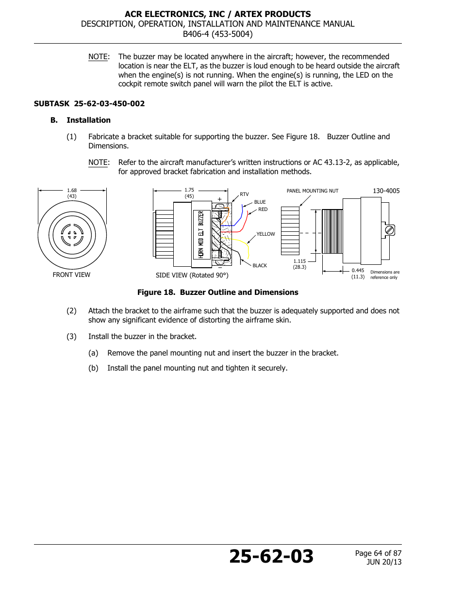 B. installation, Figure 18. buzzer outline and dimensions | ACR&Artex B406-4 User Manual | Page 64 / 87