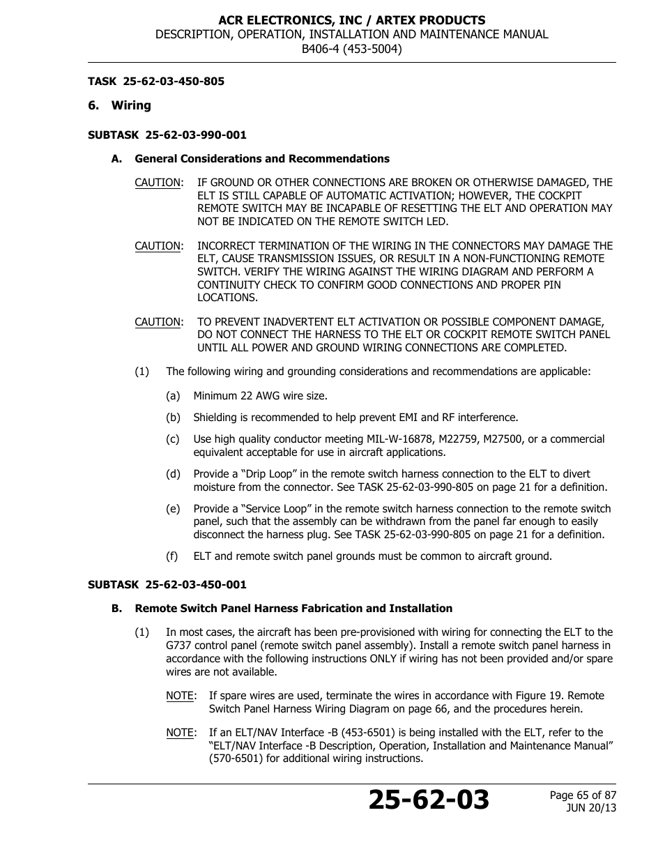 Wiring, A. general considerations and recommendations | ACR&Artex B406-4 User Manual | Page 65 / 87
