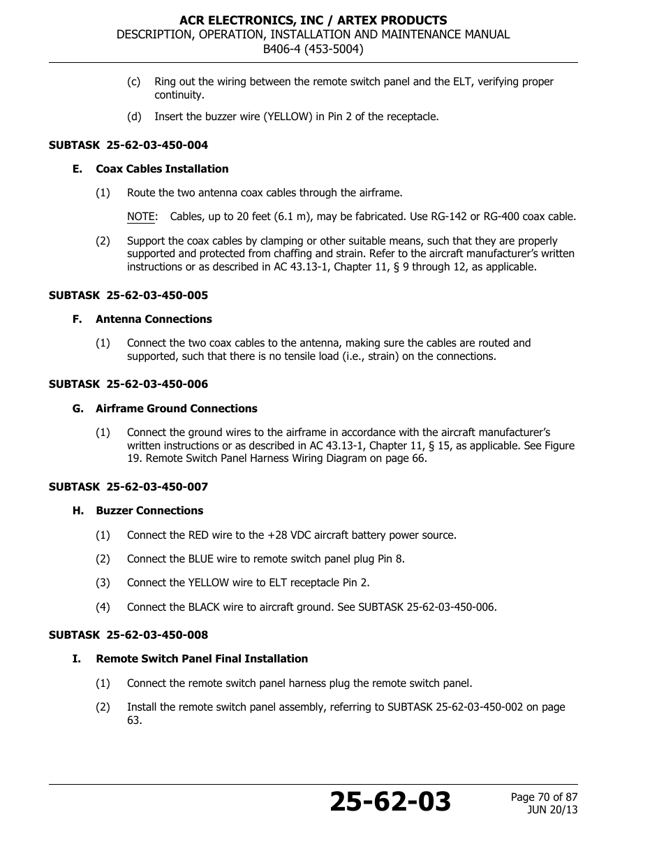E. coax cables installation, F. antenna connections, G. airframe ground connections | H. buzzer connections, I. remote switch panel final installation | ACR&Artex B406-4 User Manual | Page 70 / 87