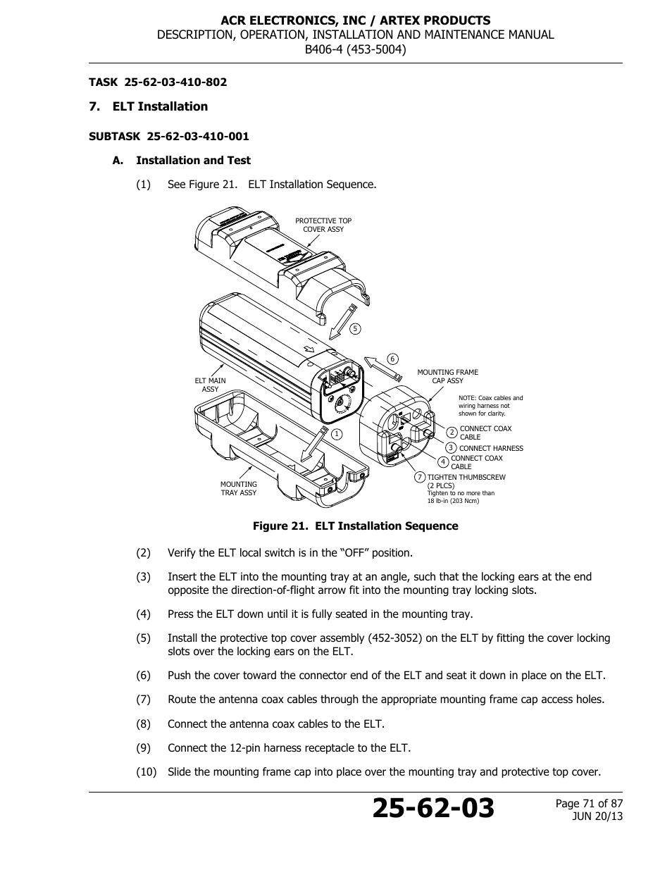 Elt installation, A. installation and test, Figure 21. elt installation sequence | ACR&Artex B406-4 User Manual | Page 71 / 87